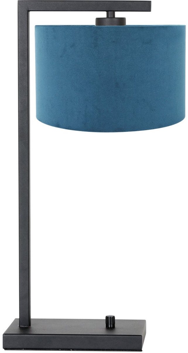 Zwarte tafellamp Stang 7124ZW van Steinhauer met blauw velours kap, metalen materiaal, 140 cm snoer - Modern design voor binnengebruik