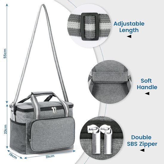 Koelbox - Koeltas - Koeltas 15L - Koelrugzak - Koeltasje Klein - Waterdicht - Draagbaar - Schouderband - Koeltassen Opvouwbaar - 600D Oxford - Kleine Koeltas voor Onderweg, Thermische Tas voor Picknicks, Camping, Excursies - Grijs van Koelbox. — afbeelding 5