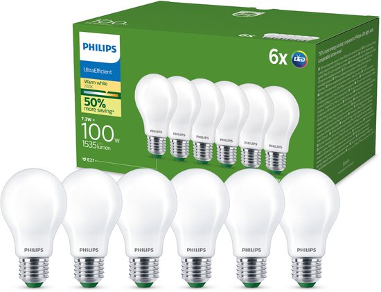 Doos met 6 Philips UltraEfficient LED-lampen, warm wit licht, 7,3W staat voor 100W, 1535 lumen.