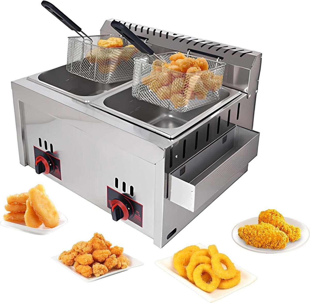 Friteuse - Commerciële gasfriteuse met vrijstaande temperatuurregeling, 10 l + 10 l, grote capaciteit, dubbele friteuse met manden en deksel, roestvrijstalen aanrecht