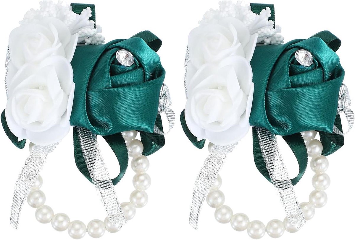 Pols Corsage Armbanden - Bloem Accessoires - Feestelijke Aankleding - Met Parellint - 2 Stuks - Donkergroen