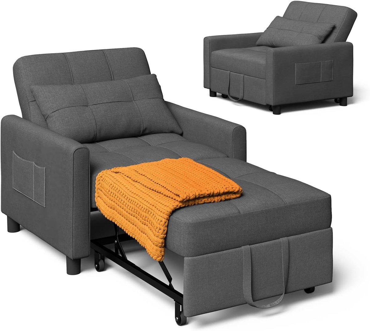 Slaapstoel - Zetel bed - Kleine ruimtes - 3-in-1 omvormbaar - 174 cm - Donkergrijs