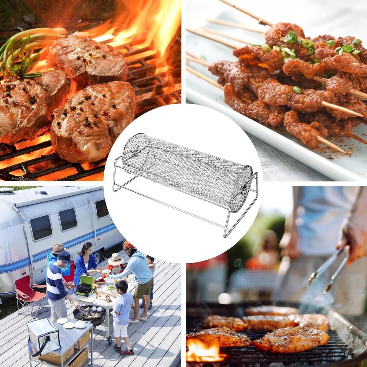 Grill Mand BBQ Hulpmiddel Gelijkmatig Grillen Roterend Trommelontwerp 37 cm Zilver