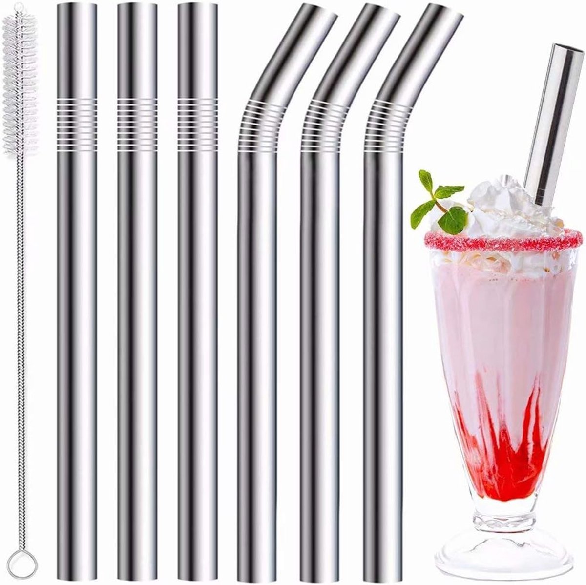 Verpakking met 6 roestvrijstalen milkshake-rietjes, 1 cm brede, herbruikbare metalen rietjes, geschikt voor milkshakes, smoothies en andere dranken, inclusief 1 schoonmaakborstel - zilver.