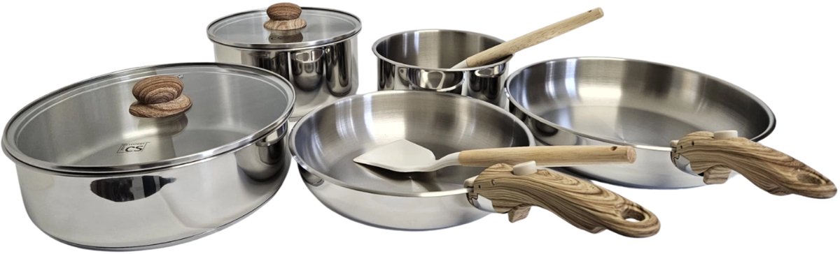 RVS pannenset 11-delig met afneembare handgreep