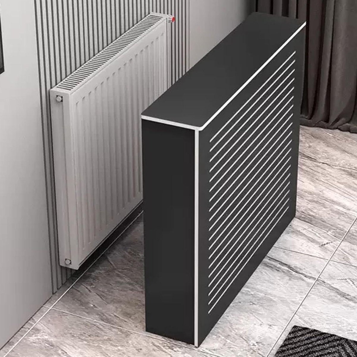Verwarming Cover Kast,PVC Radiator Cover, Zwarte Radiator Cover Verwarming Kast Plank, Verwarming Radiator Kast Woonkamer Meubeldecoratie, Verwarming Radiator Kast met Ruime Plank Ruimte,