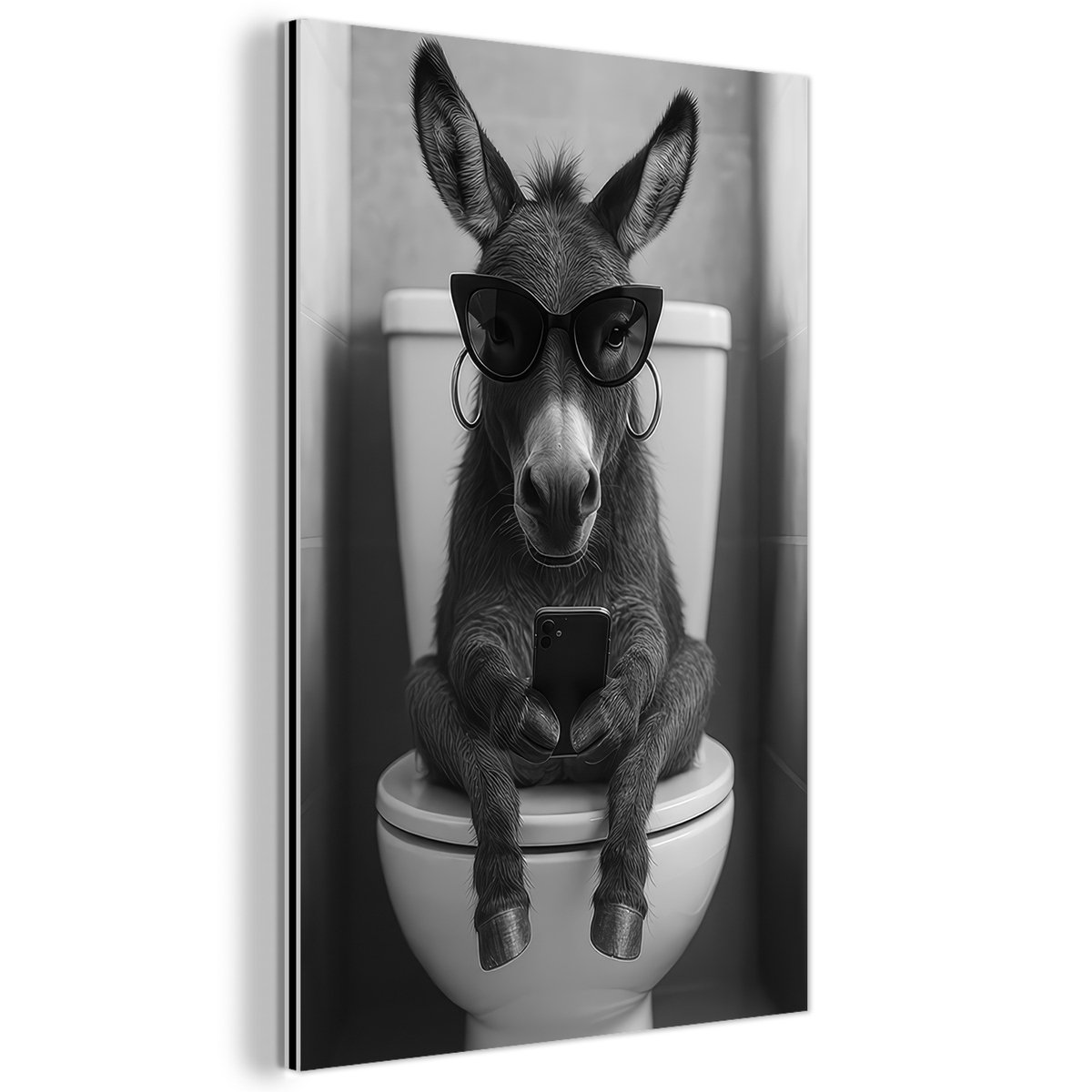 Aluminium schilderij 20x30 cm - Wanddecoratie metaal - Ezel - Telefoon - Toilet - Zwart -