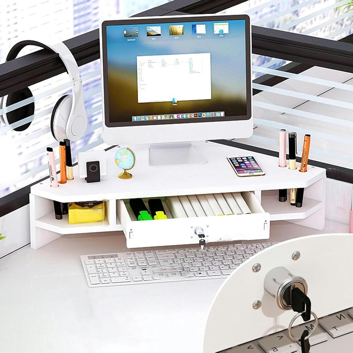 Monitor Verhoger - Bureau Organizer - Ergonomisch Werken - Hoekontwerp - 21 inch - Wit