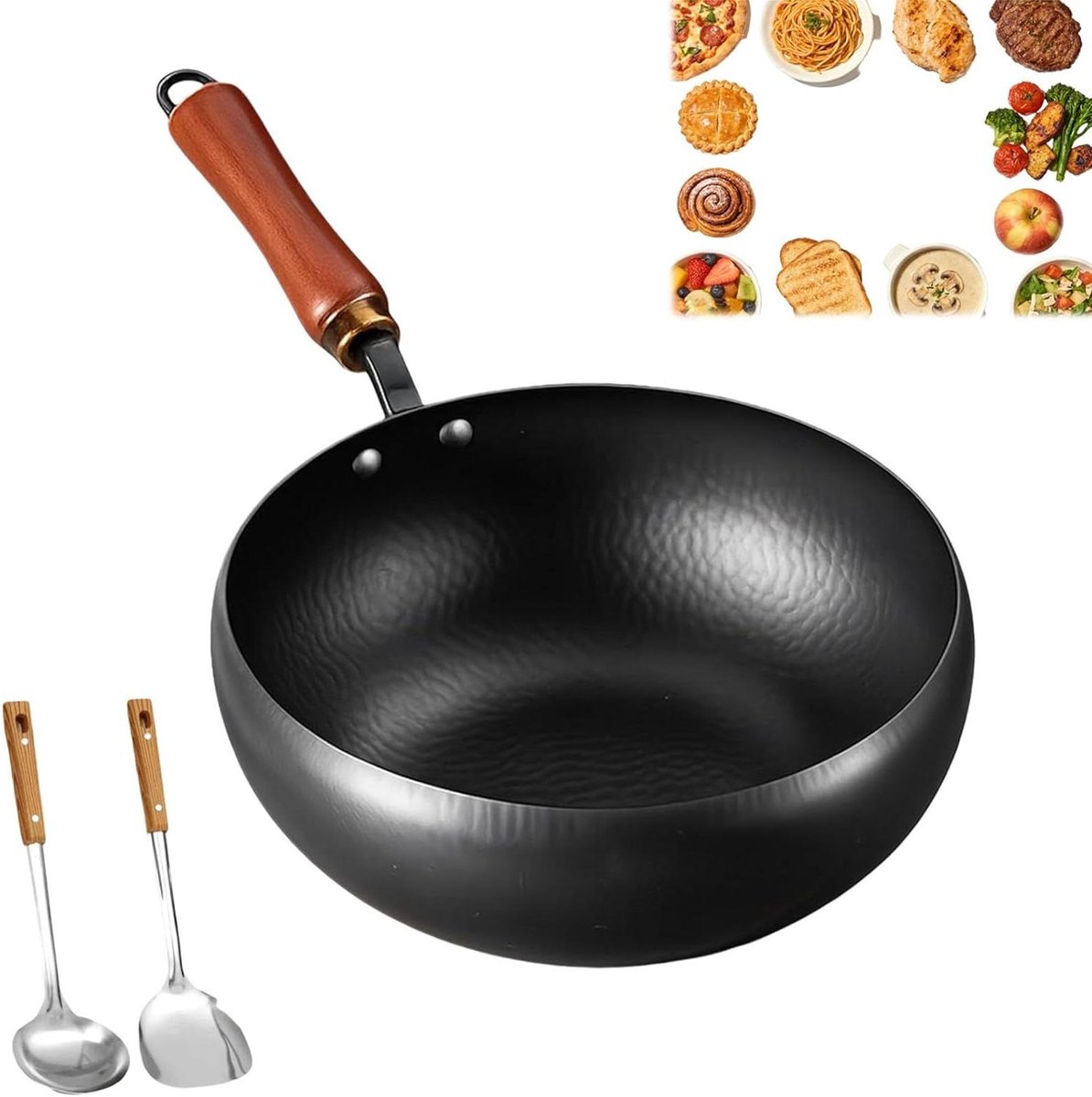 Gietijzeren Wokpan - Japanse Koekenpan - Roerbakken en Frituren - Ongecoat en Handgehamerd - 24 cm diameter - Zwart