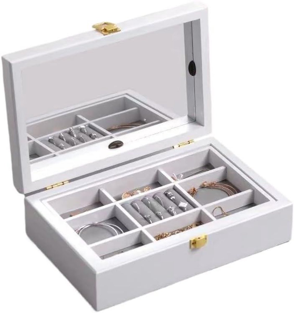 Houten Sieradendoos - Opbergdoos Organizer - Sieraden Opbergen - Dubbellaags Ontwerp - 30x20x10 cm - Wit
