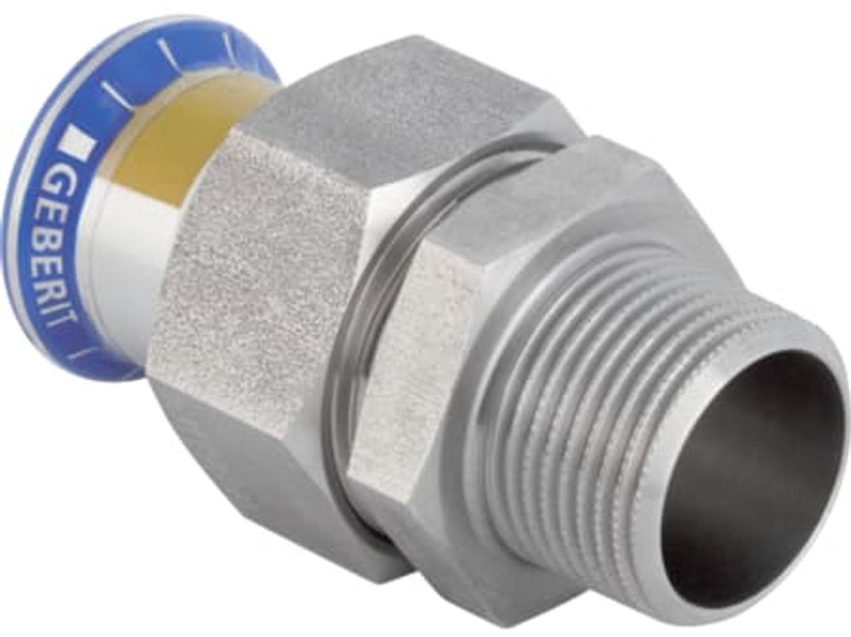 Geberit Mapress roestvast staal overgangskoppeling met buitendraad, wartelmoer van CrNi-staal (gas), DN 40, dø 42 mm, 34439