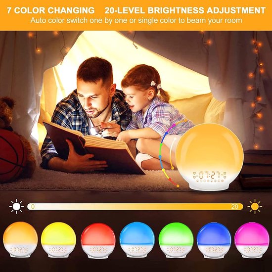 Wekker met Licht - Wake-up lamp - Rustig Ontwaken - Simuleert Zonsopgang - 16x16x6 cm - Wit — afbeelding 3