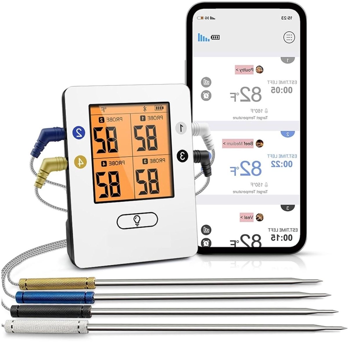 Draadloze Vleesthermometer - Keukenmeter Oven - Koken op Afstand - Vier Kleurige Probes - 150 Meter Bereik - Zwart