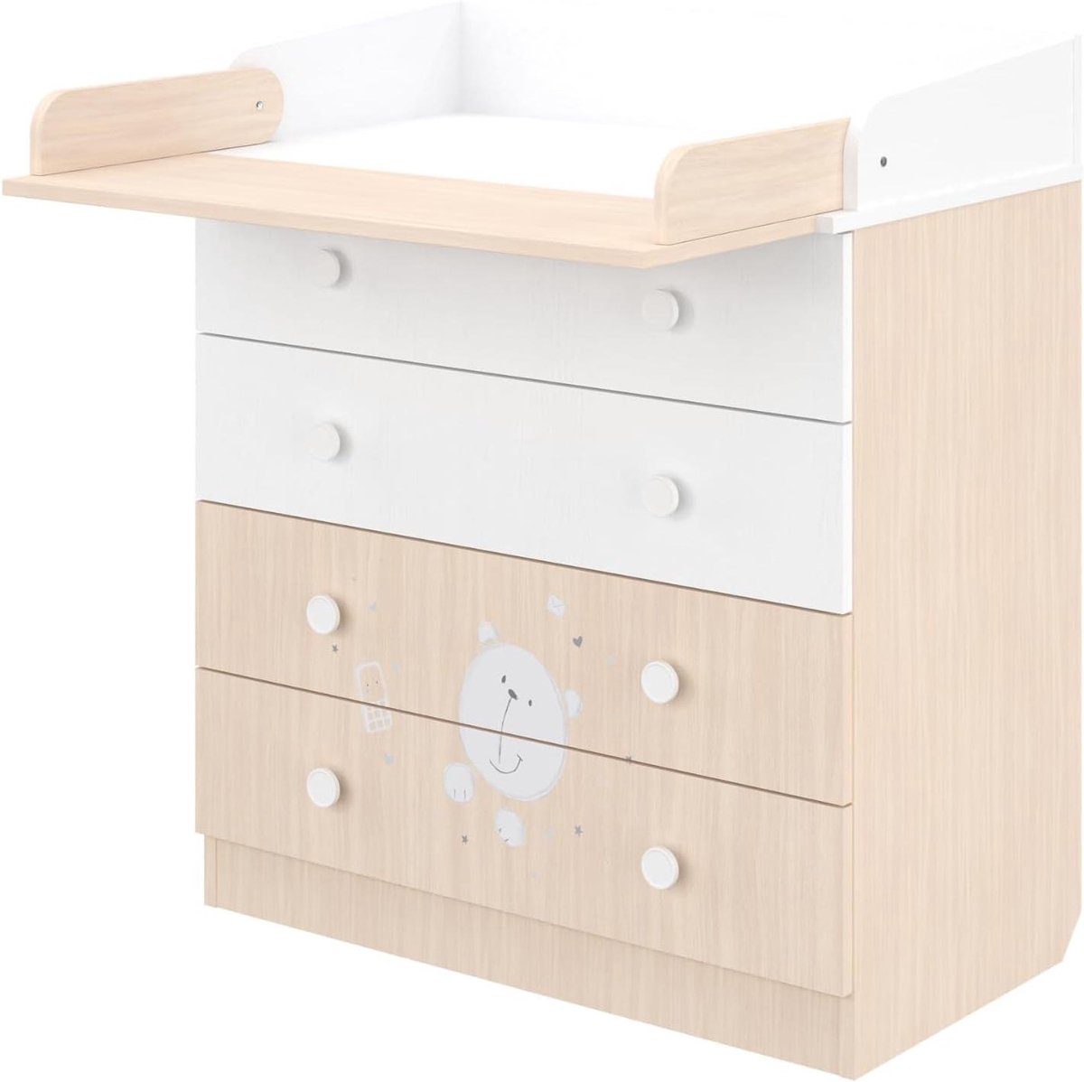 Shefa Kids babycommode 800 Teddy, Wit-Pastel Eiken, 80,4 x 48 x 91,7 cm, 4 laden, kwaliteit-wiegtafel uit Oostenrijkse Kronospan
