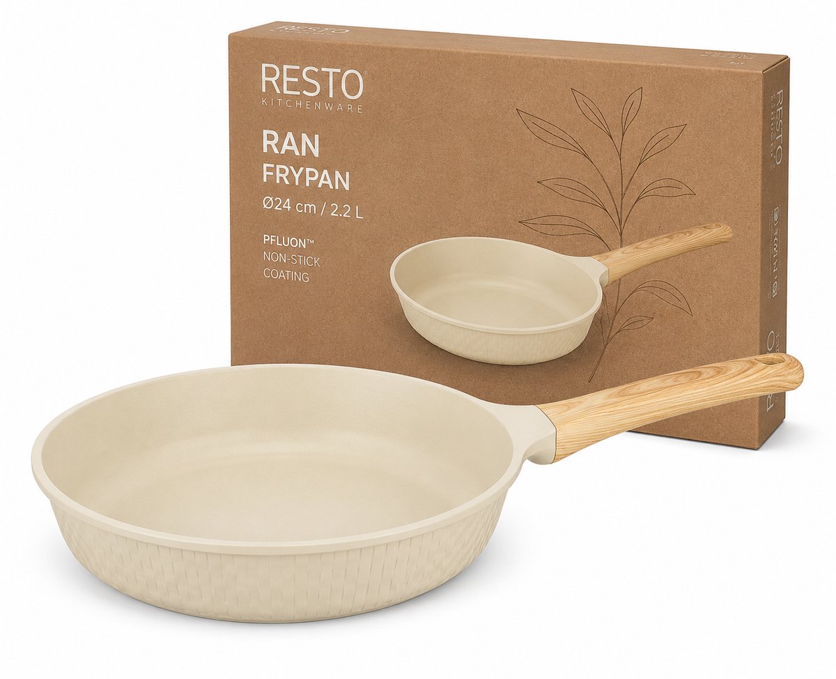 RESTO Ran Koekenpan 24 cm – Inductie Geschikt – Gegoten Aluminium – PFLUON Anti-aanbaklaag – Beige Frypan
