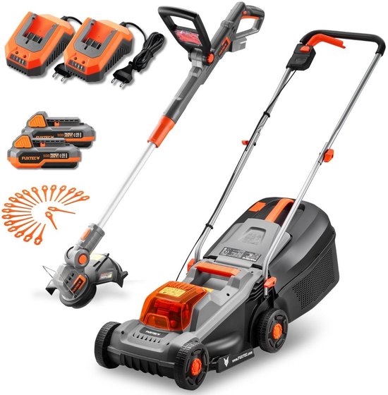 Grijze en oranje accugrasmaaier en grastrimmer set met twee accu's en oplader.