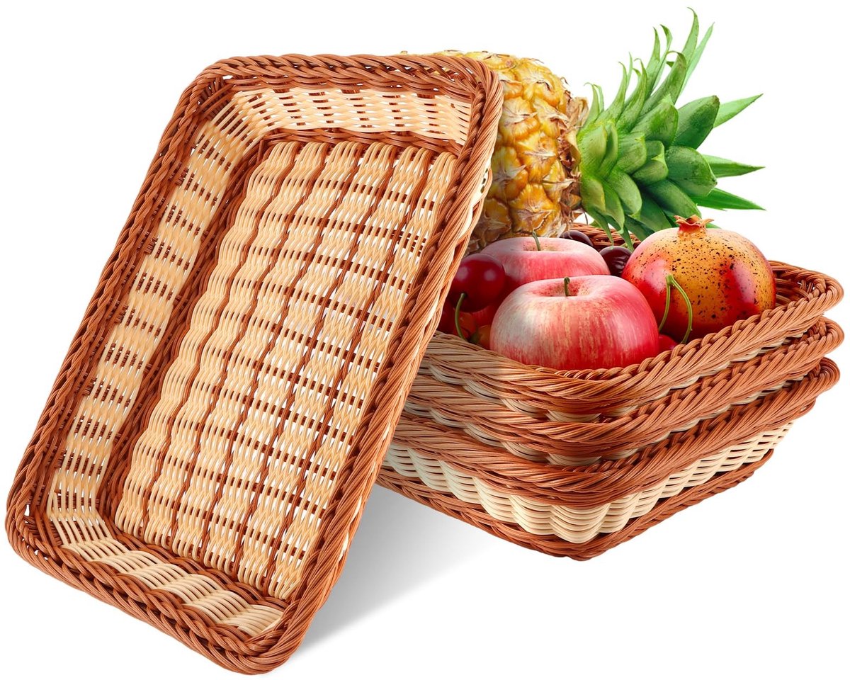 Dailygoods- Broodmanden Set van 4 - Gevlochten Kunststof - Stapelbare Manden - Vochtbestendig - Geschikt voor Keuken/Badkamer - Afmetingen 35 x 25 x 7 cm - Opbergmanden