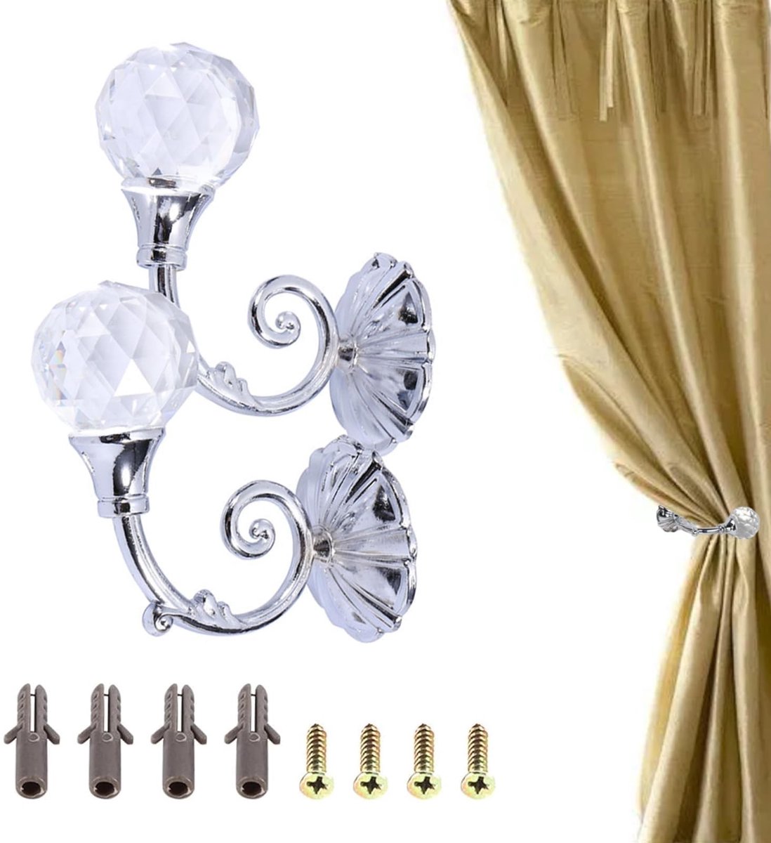 Dailygoods- Gordijn Tie Backs - 2 Stuks - Metalen Gordijnhouders - Wandmontage - Schroef Haak - Kristallen Bal - Decoratie