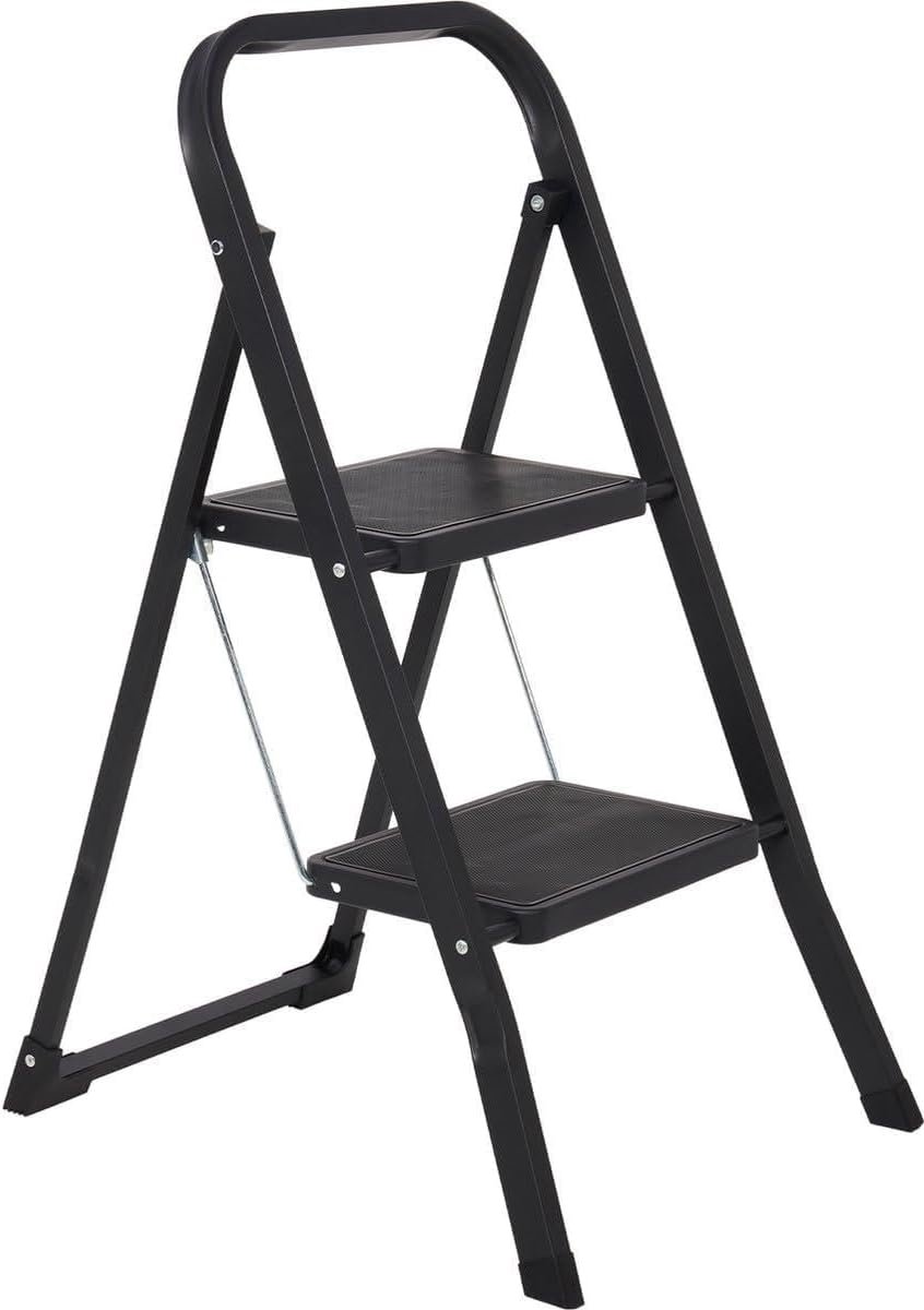 Huishoudtrap 2 treden - Keuken trap - Veilig reiken - Antislip treden - 48 cm hoog - Zwart