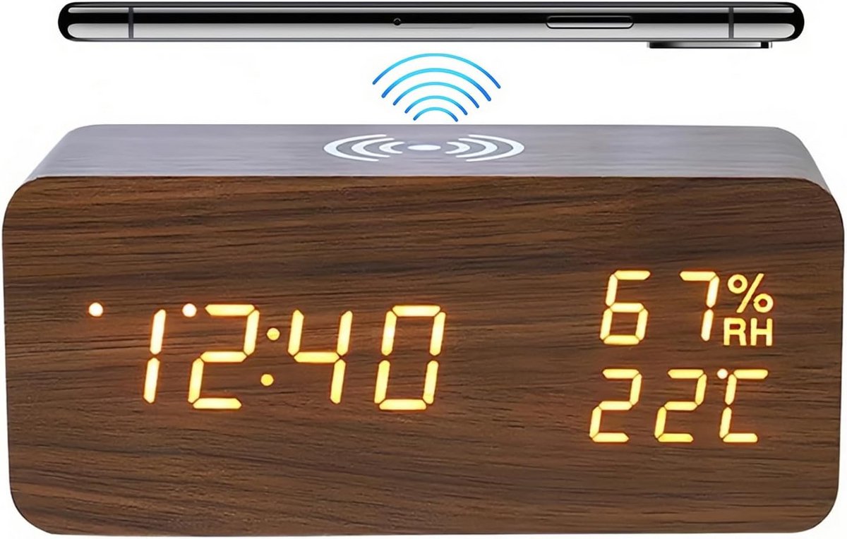 Digitale Wekker - LED Klok - Ruimte Monitoren - Draadloos Opladen - 8 x 7.5 cm - Bruin