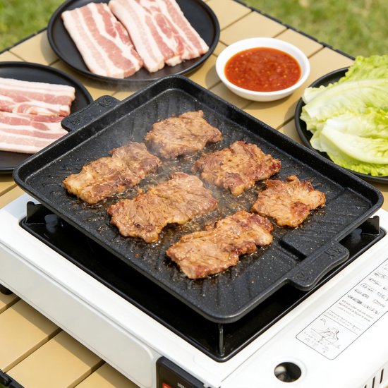 Grillplaat voor inductie, gietijzeren grillplaat, rechthoekige grillpan, grillopzetstuk, gasfornuis, camping, grillplaat, campinggrillplaat, anti-aanbaklaag, voor kookplaten, oven, BBQ — afbeelding 2