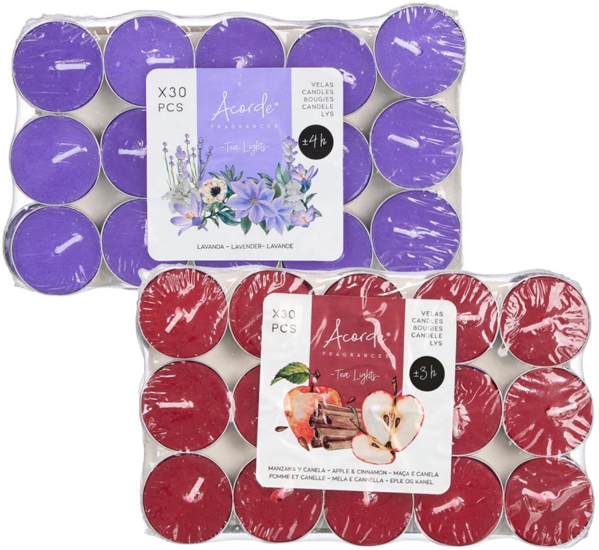 Atmosphera Acorde theelichtjes - 60x - 30x lavendel - 30x appel/kaneel - aroma/geurkaarsen Donkerrood
