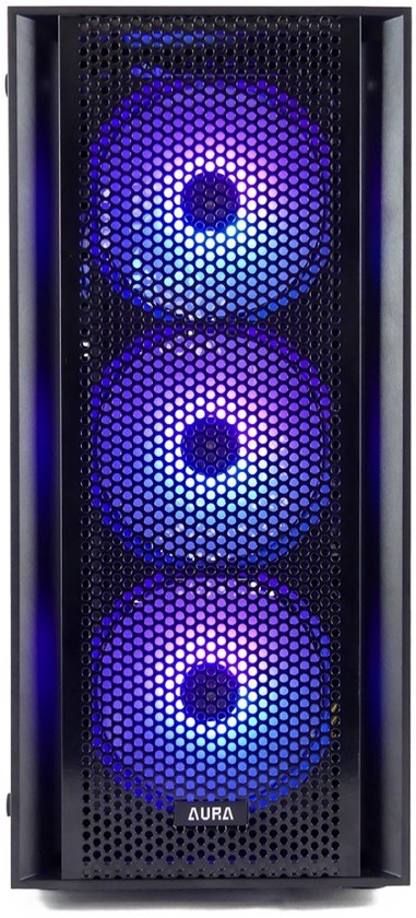Zwarte pc-behuizing met geperforeerd frontpaneel en drie paars verlichte ventilatoren.
