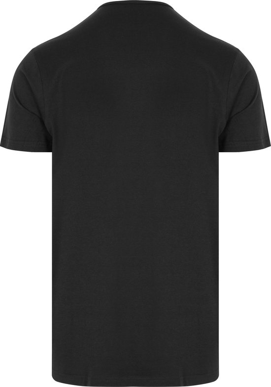 Achterkant van een zwart basic T-shirt met korte mouwen en ronde hals.