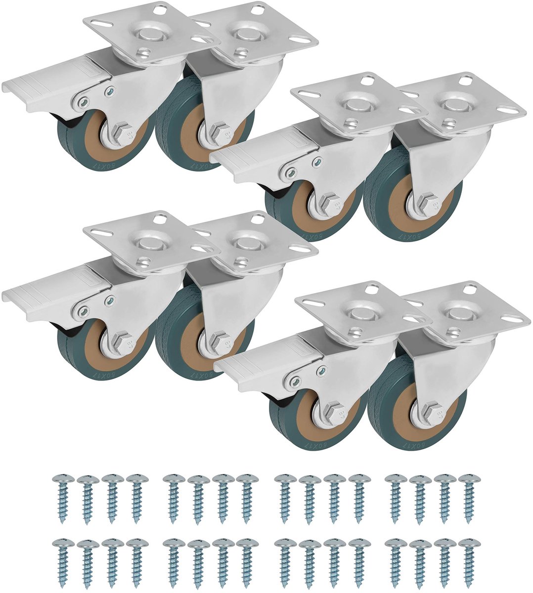 Dailygoods- Zwenkwielen Set van 8 - Zware Kwaliteit - 50 mm Rubberen Wielen - Zwenkwielen met Rem - Meubelwielen - Industrieel Gebruik - Draagvermogen 50 kg