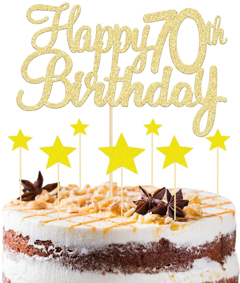 Dailygoods- Taartdecoraties Gouden Glitter - 70e Verjaardag Topper - Ster Cupcake Toppers - Duurzaam Papier - Elegante Decoratie - Verpakking 19 x 14 x 0,5 cm - Taarttoppers