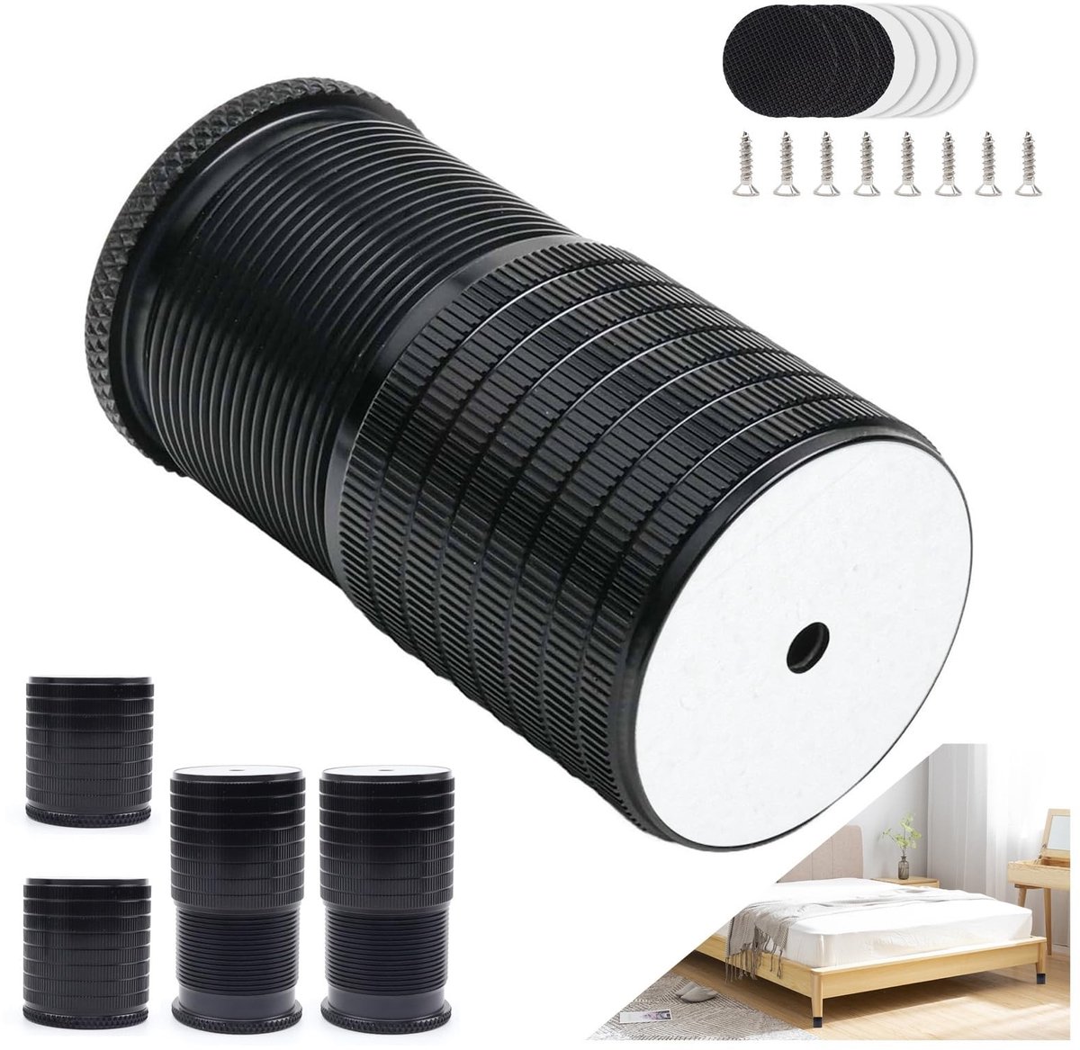 Dailygoods- Meubelpoten Hoogte Verstelbaar - Meubelverhoger - Set van 4 - Aluminium - Zwart - Inclusief Montage Accessoires