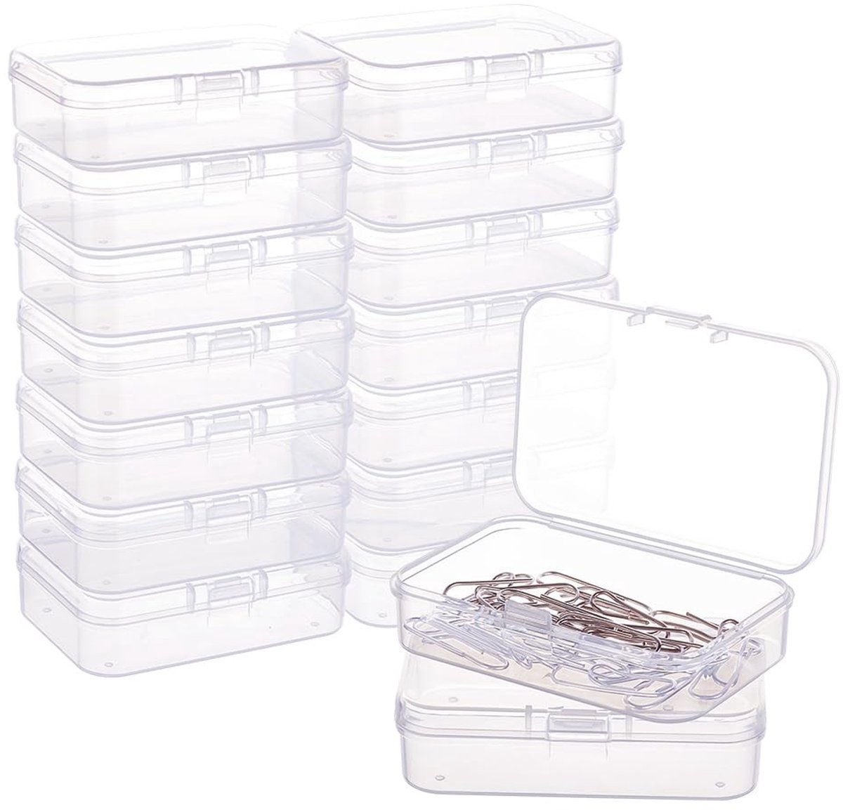 Dailygoods- Opbergdozen 16 stuks - Doorzichtige Kunststof - Klapdeksels - Voor Kralen/Sieraden - Compact - Robuust en Lekvrij (7,4 x 4,9 x 2 cm) - Opbergcontainers