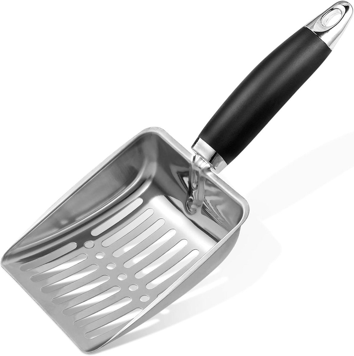 Kattenbakschep, kattenbakschep van roestvrij staal, metalen kattenbakschep van middelgrote grootte, stabiele schep met mazen, geschikt voor kattenbakdozen, zwart