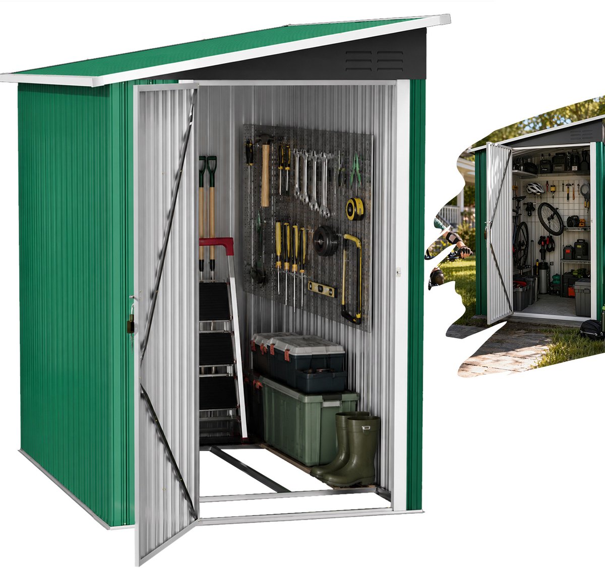 Froadp 5 x 3FT Groen metalen opbergschuurtje voor buiten — Met schuifdeuren en vergrendeling — Inclusief montagemateriaal — Ideaal voor het opbergen van tuingereedschap, fietsen en zwembadbenodigdheden