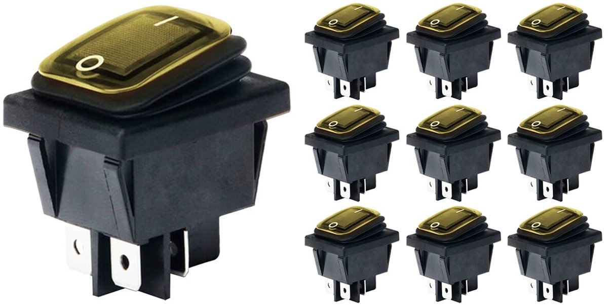 Orbit Electronic Wipschakelaar ON-OFF - 4-pins - 30x22mm - 16A 250V - Spat Waterdicht - KCD4-201-16 - Geel - 10 stuks