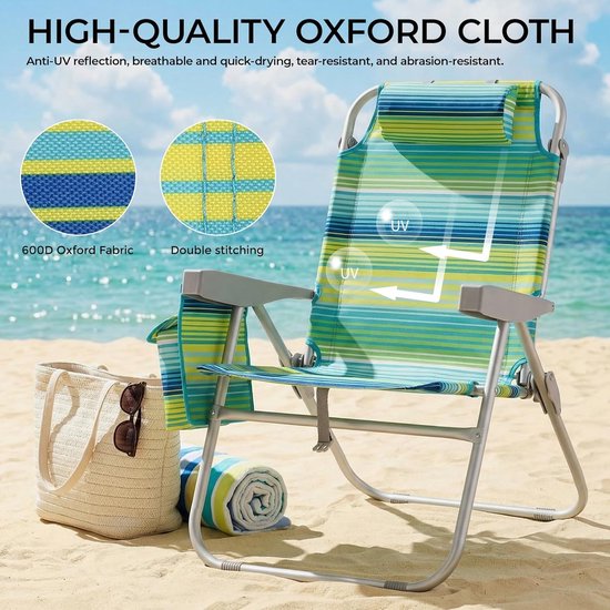 Luxe Strandstoel Set van 2 - Verstelbaar (5 Standen) - Inklapbaar met Rugzakbanden, Koeltas & Handdoekrek - Groen/Blauw Gestreept van Luxe. — afbeelding 4