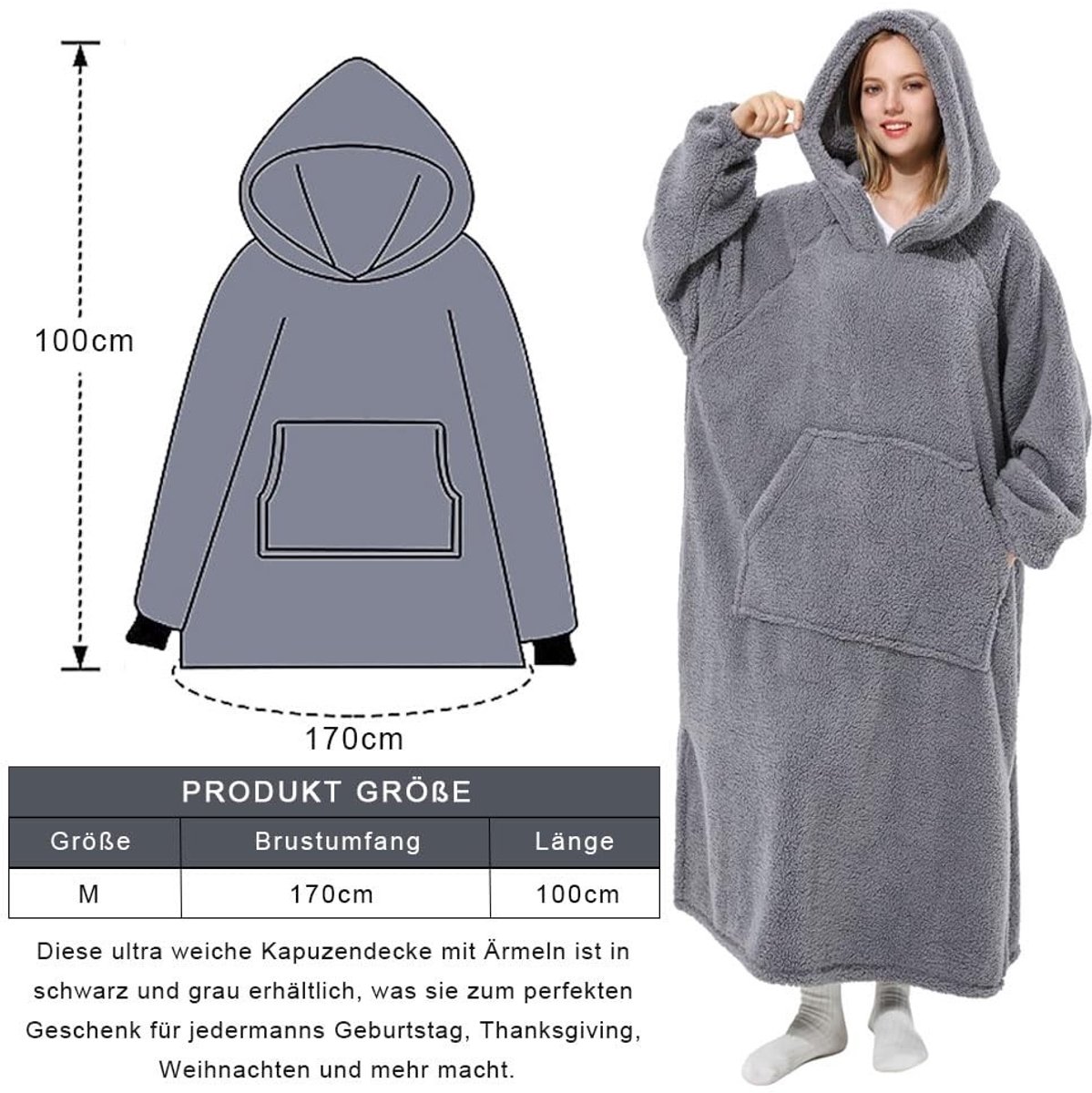 Dailygoods- Hoodiedeken met Mouwen - Draagbare Dekentruien - Zachte Flanel - Oversized Muts - Grote Zak - Elastische Manchetten