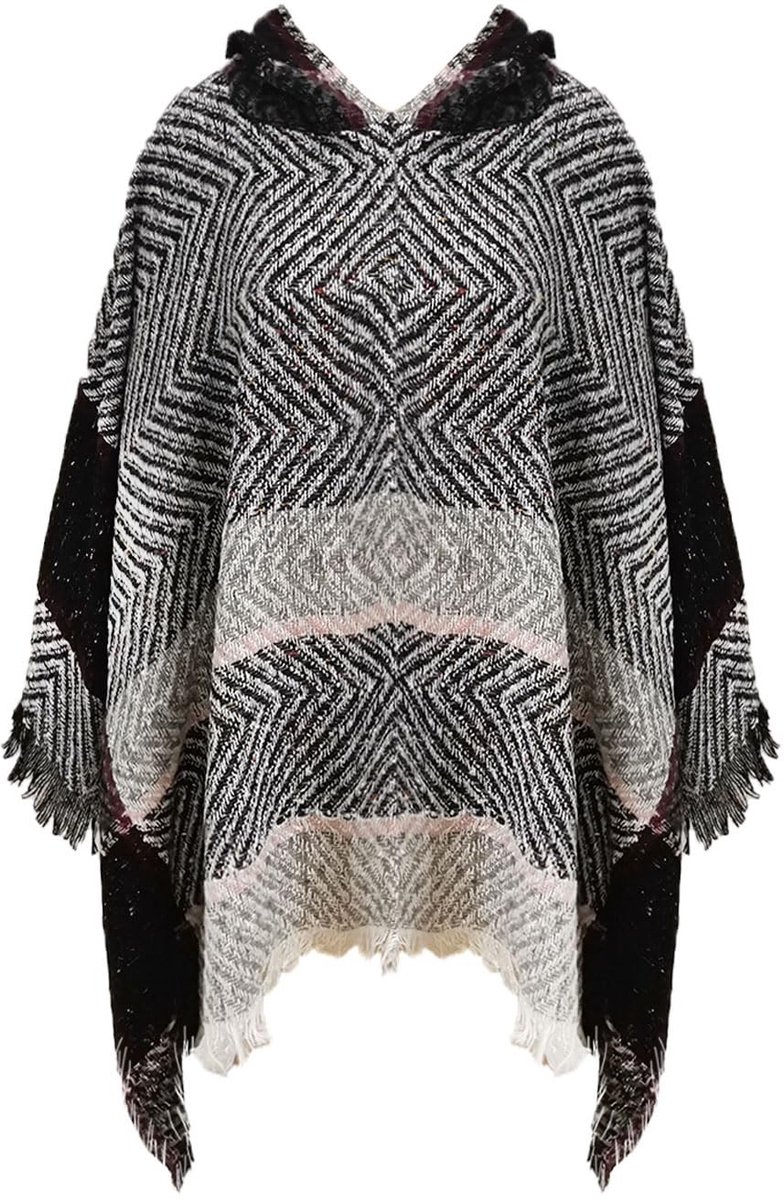 Dailygoods- Poncho Dames - Warme Poncho met Capuchon - Gebreide Poncho - Casual/Modieus - Streep/Zomer Franjes - 100% Polyester - Cape