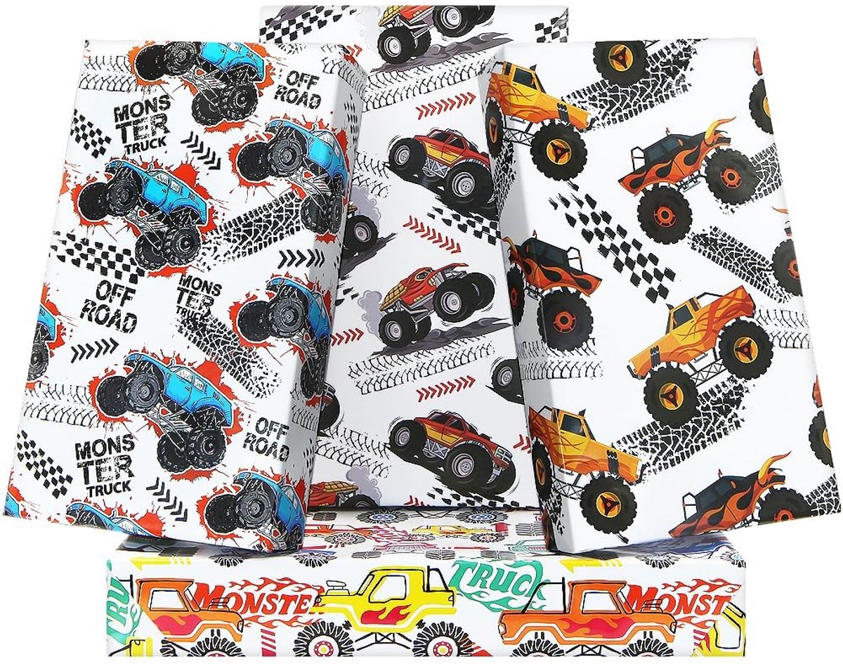 Dailygoods- Inpakpapier Monster Trucks - 4 Vellen 50x70cm - Cadeaupapier Verjaardag - Geschenkpapier Jongens - Inpakpapier Kinderen - Creatief Ontwerp