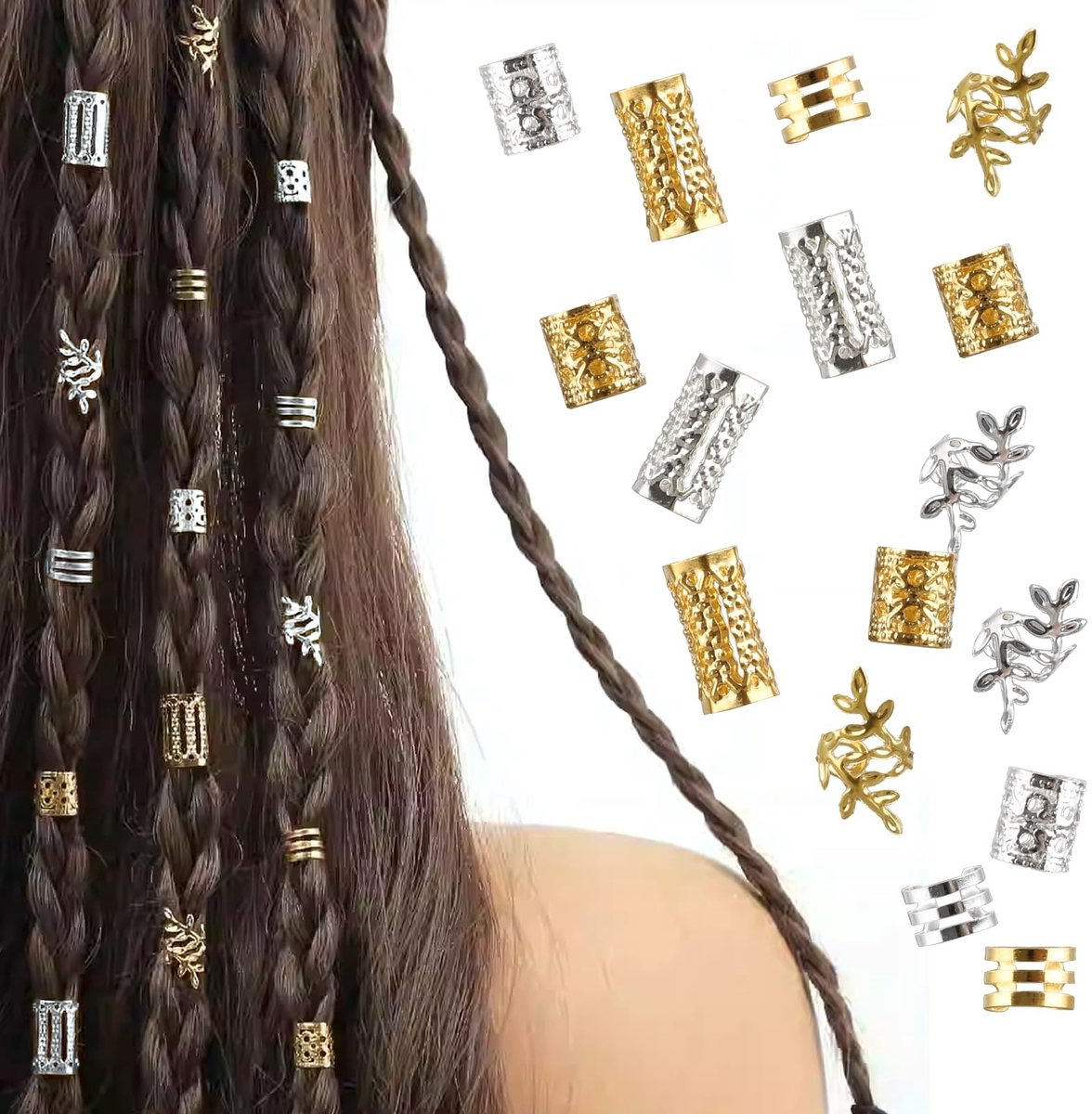 Dailygoods- Haaraccessoires 80-delige set - Haarsieraden goud/zilver - Vlechtkapsels - Dreadlocks - Creatieve vrijheid - Eenvoudig in gebruik