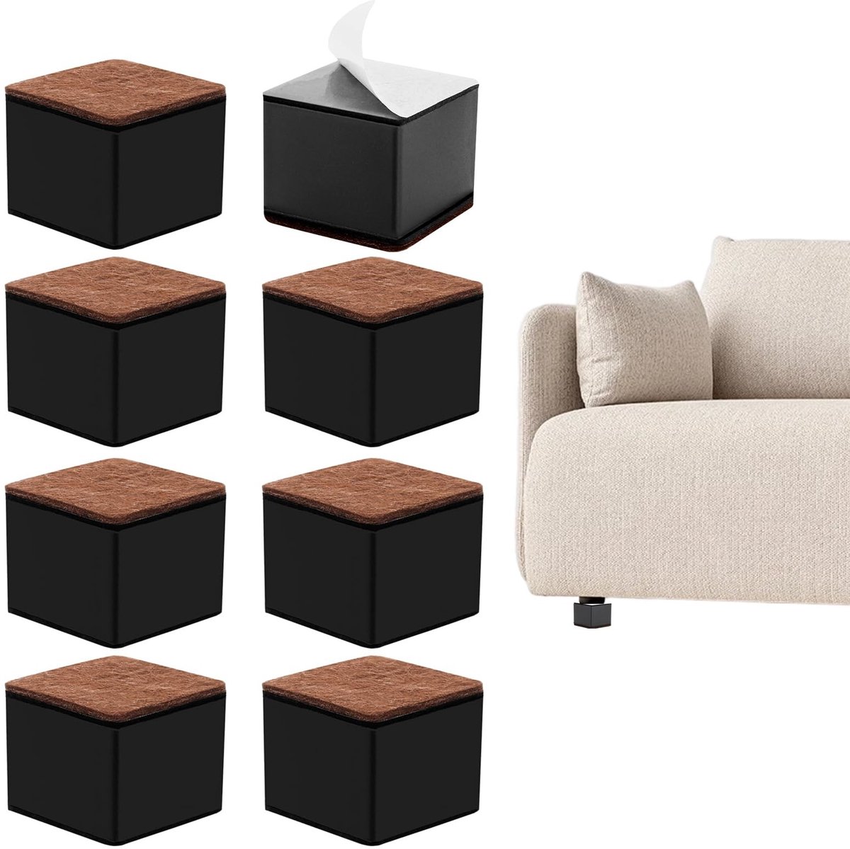 Dailygoods- Meubelverhoging 6 cm - Zelfklevende Tafelverhoger - Bankverhoger - Meubelpoten Set van 8 - Robuust Koolstofstaal - Vierkant Zwart
