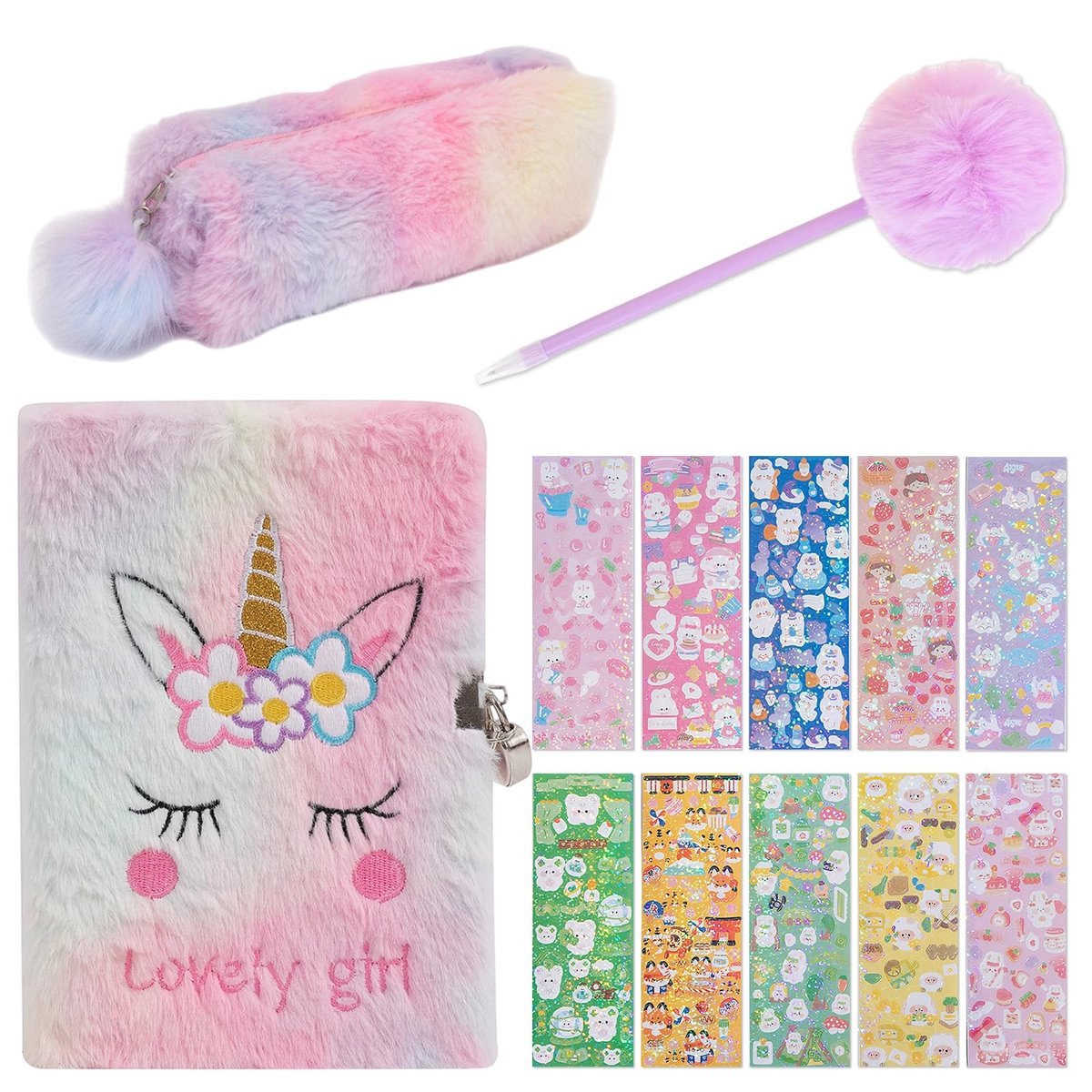 Dailygoods- Dagboek met slot - A5 Notitieboek - Pluche Eenhoorn - Set met 10 Stickers - Pen en Etui - Perfect Cadeau voor Kinderen