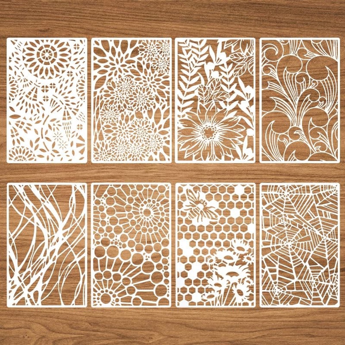 Dailygoods- Sjabloon Herbruikbaar 8 Stuks - Textuursjablonen - Schilderen - Bloemen/Spinnenweb - Gelaagd - 28,1x18,1 cm - Stencil