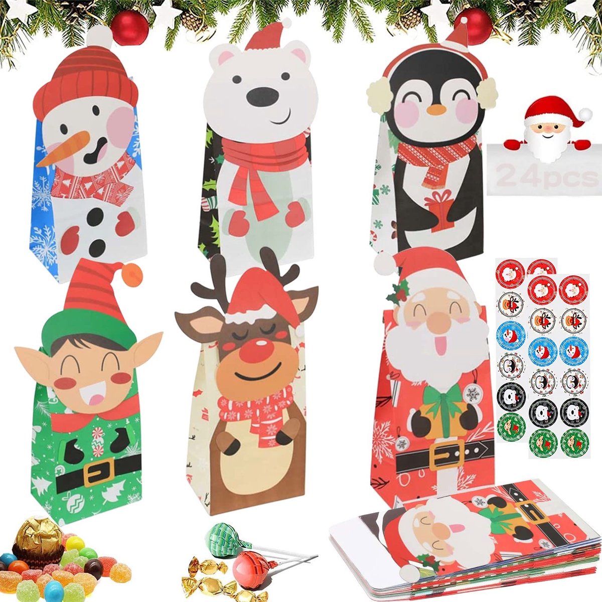 Dailygoods- Cadeauzakjes 24 Stuks - Papieren Zakjes - Kerstzakjes - Kraftpapier - Milieuvriendelijk - 12 x 8 x 20,5 cm - Geschenkzakjes