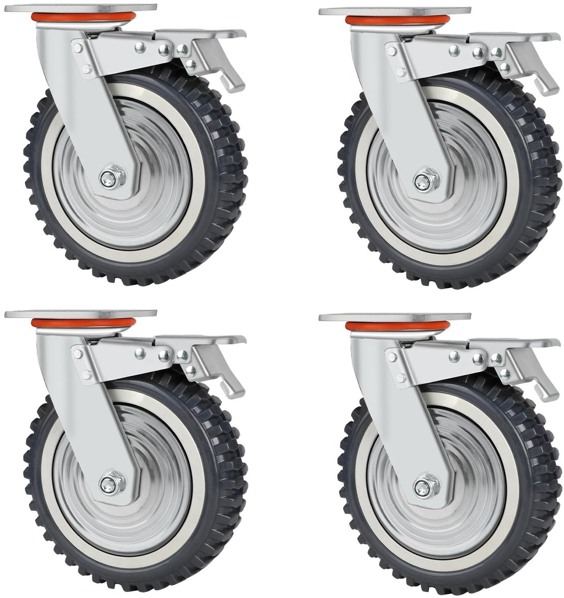 Dailygoods- Transportwielen 200 mm - Zwenkwielen set van 4 - Zwenkwielen met rem - Meubelwielen - Draagvermogen 2000 kg - Hoogwaardig polyurethaan
