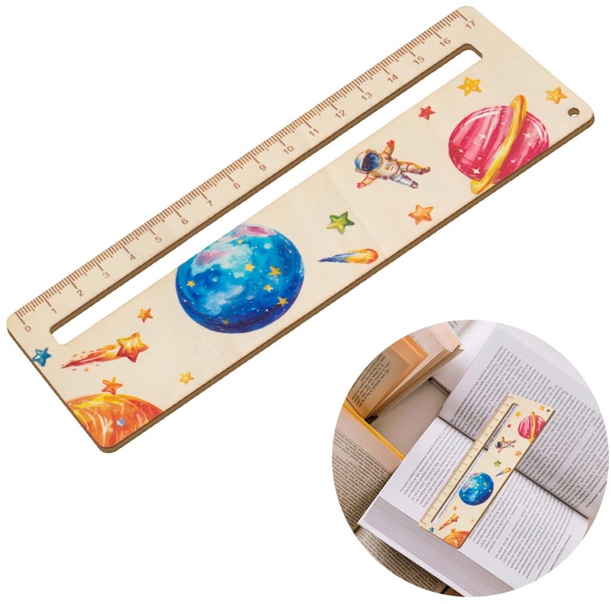 Dailygoods- Leesstrip - Bladwijzer voor kinderen - Dyslexie hulpmiddel - Astronautenthema - Hoogwaardig hout - Perfect formaat 18 x 6 cm