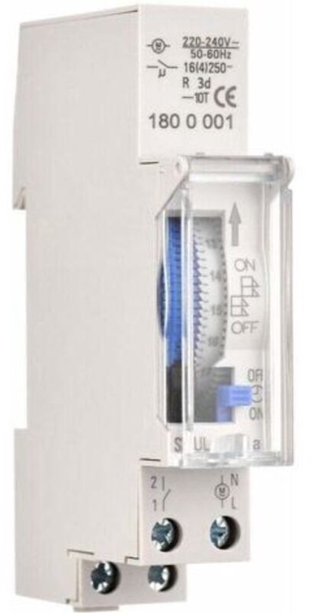 Mechanische 24-uurs timer, minimale timerduur van 15 minuten, DIN-railmontage, ingebouwde batterij, SUL180a AC220-240V grijs.