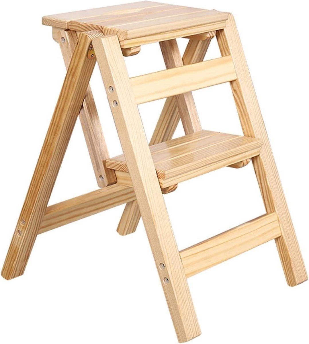Opvouwbare Ladderkruk - Houten Opstapje - Hoge Planken Bereiken - Massief Hout - 2 Treden - Naturel