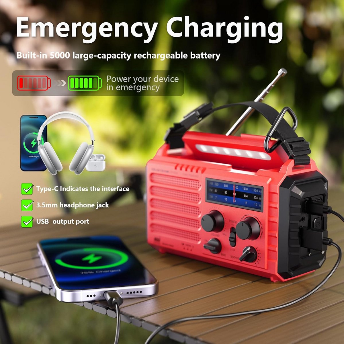 Noodradio - Noodpakket Oorlog - Draagbare Radio - Powerbank Zonneenergie - Transistor Radio - buiten oplader – foto 6