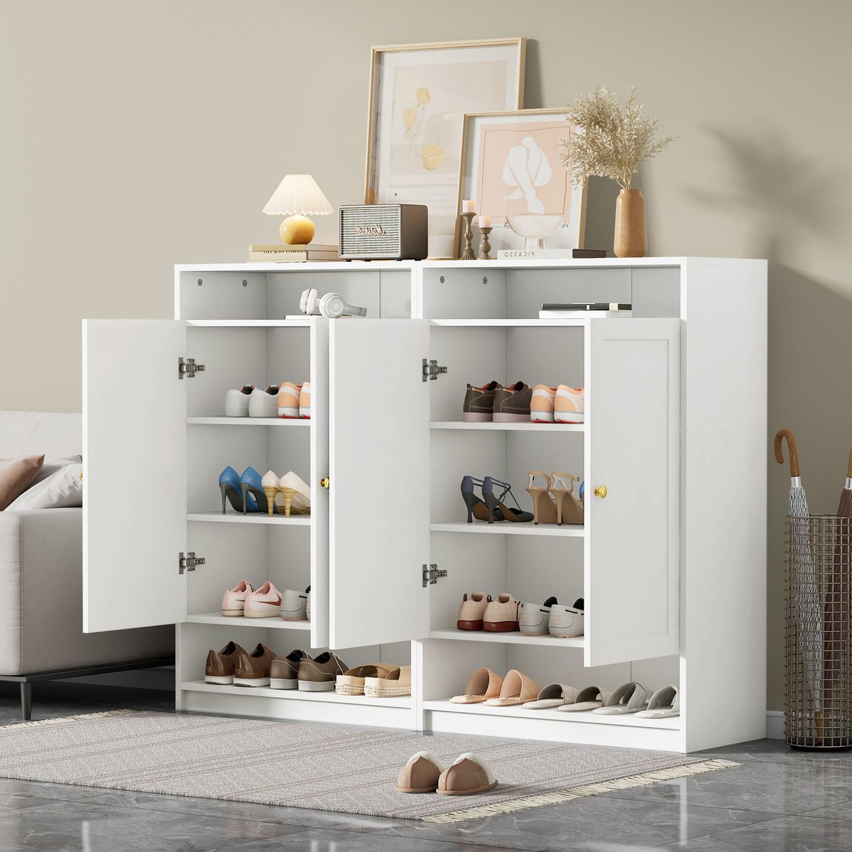 MODFU - Schoenenkast - Verstelbare Planken En Open Vakken - Klassiek - Voor Hal - Spaanplaat En Metaal - Wit - 146 X 34 X 109 Cm